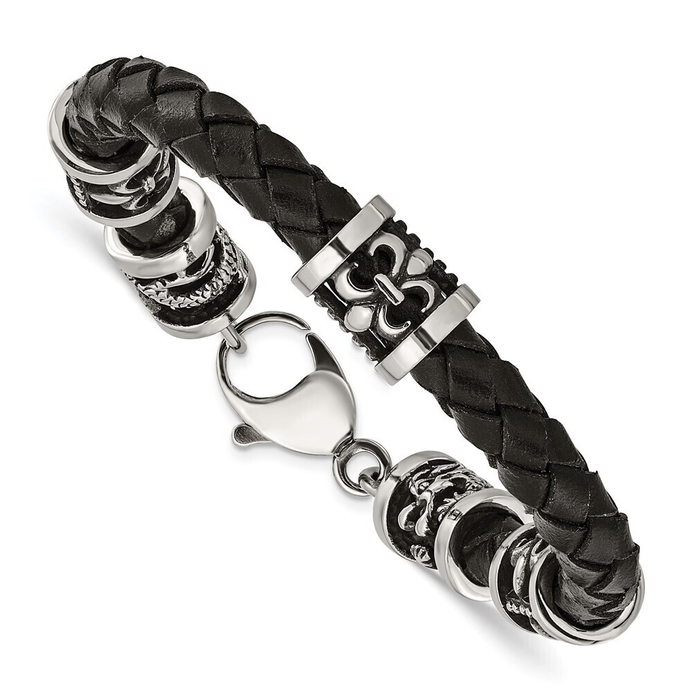 Steel Antiqued & Fleur de Lis & Dragon Black Braided Leather 8.5in Bracelet